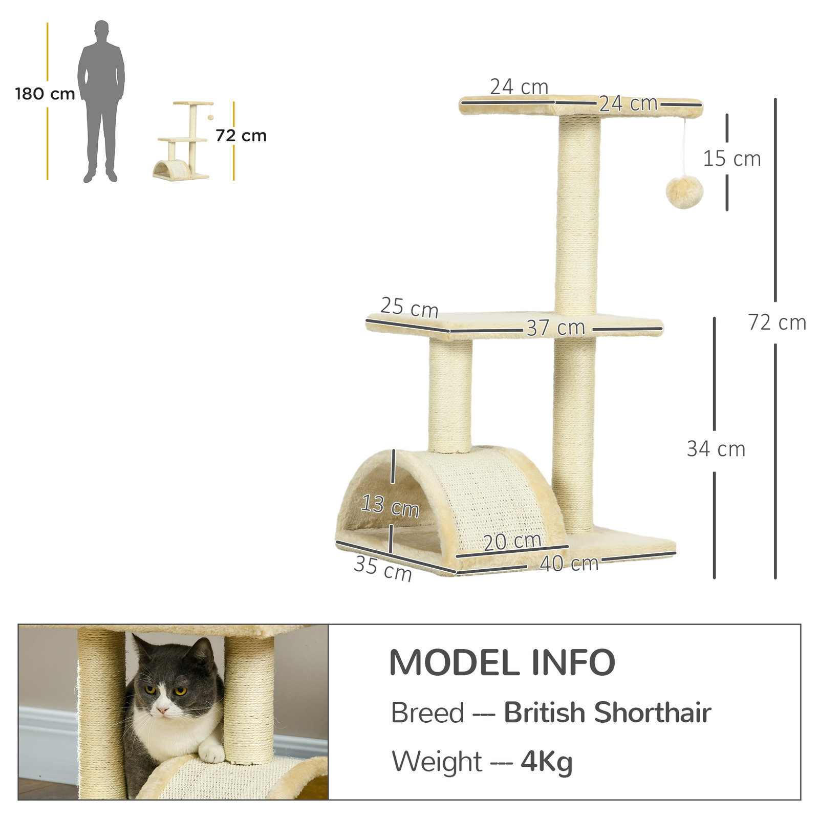 Arranhador para gatos médio de 3 níveis com postes de sisal placa para arranhar e bola suspensa 40x35x72 cm creme