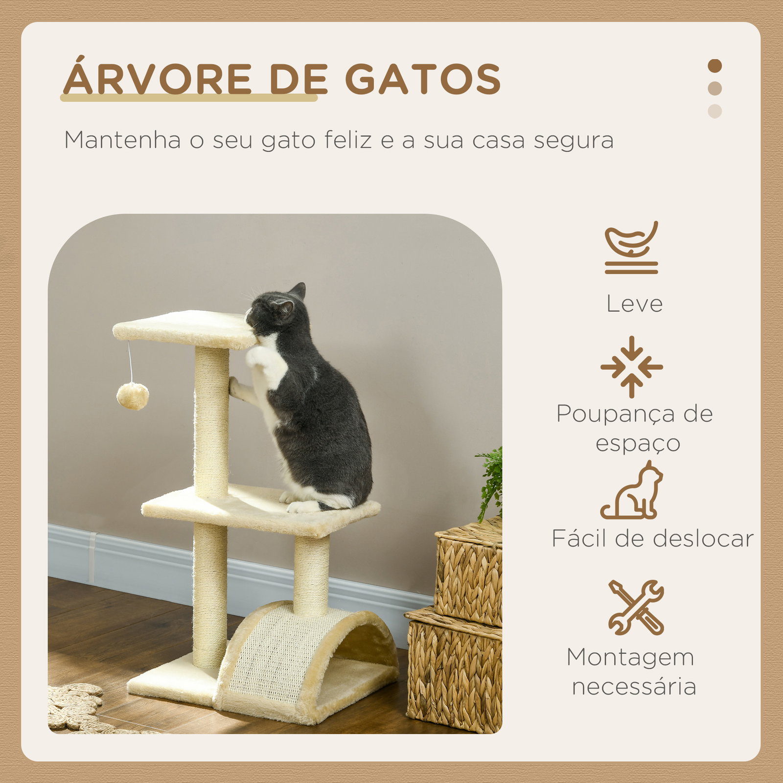 Arranhador para gatos médio de 3 níveis com postes de sisal placa para arranhar e bola suspensa 40x35x72 cm creme