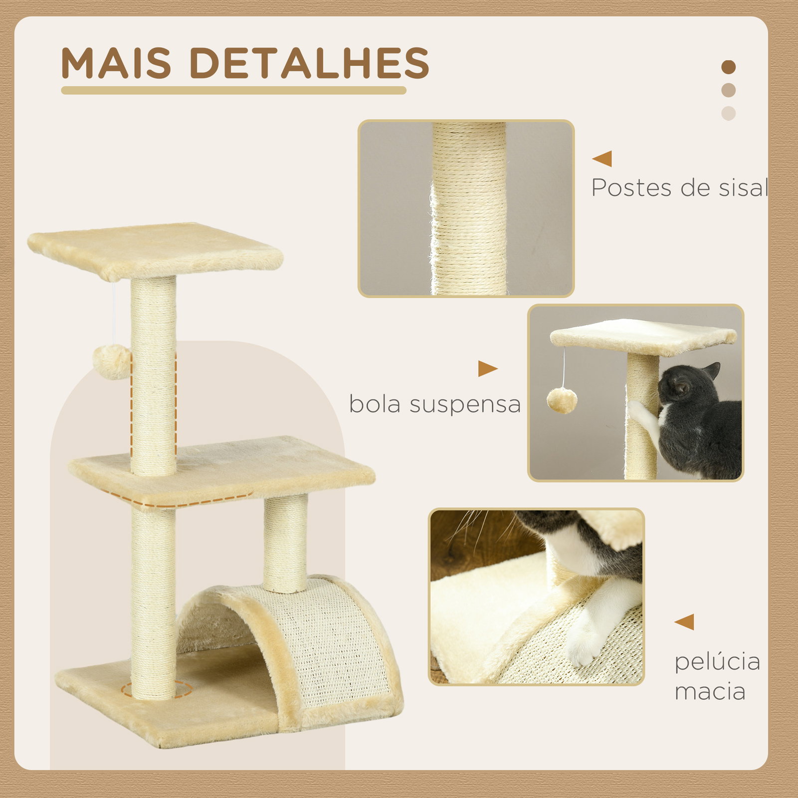 Arranhador para gatos médio de 3 níveis com postes de sisal placa para arranhar e bola suspensa 40x35x72 cm creme