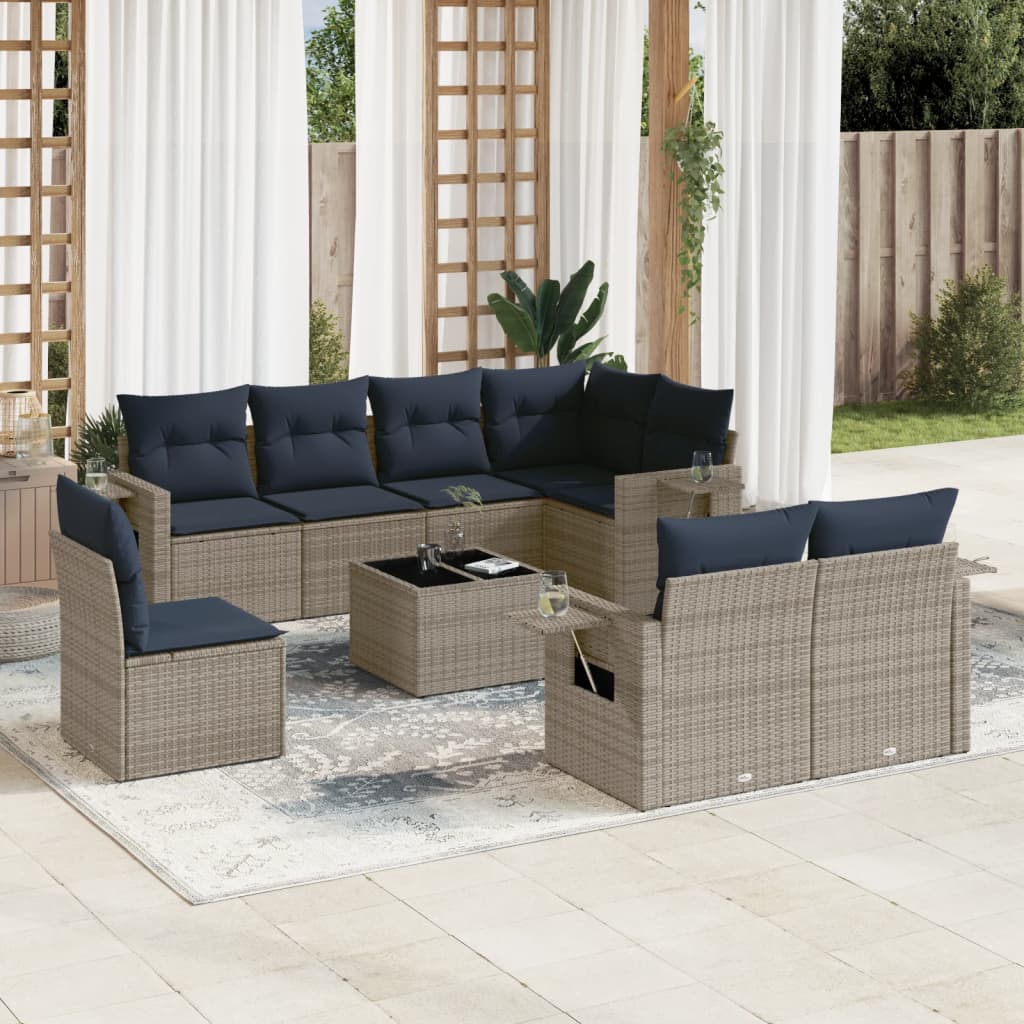 Conjunto de sofá de jardim de 9 peças com almofadas em rattan sintético cinza