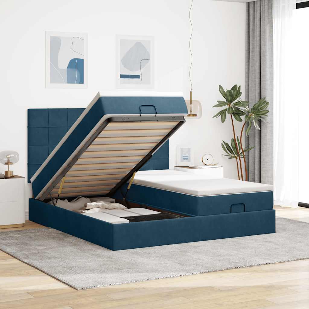 Cama otomana com colchões/leds 200x200 cm veludo azul-escuro