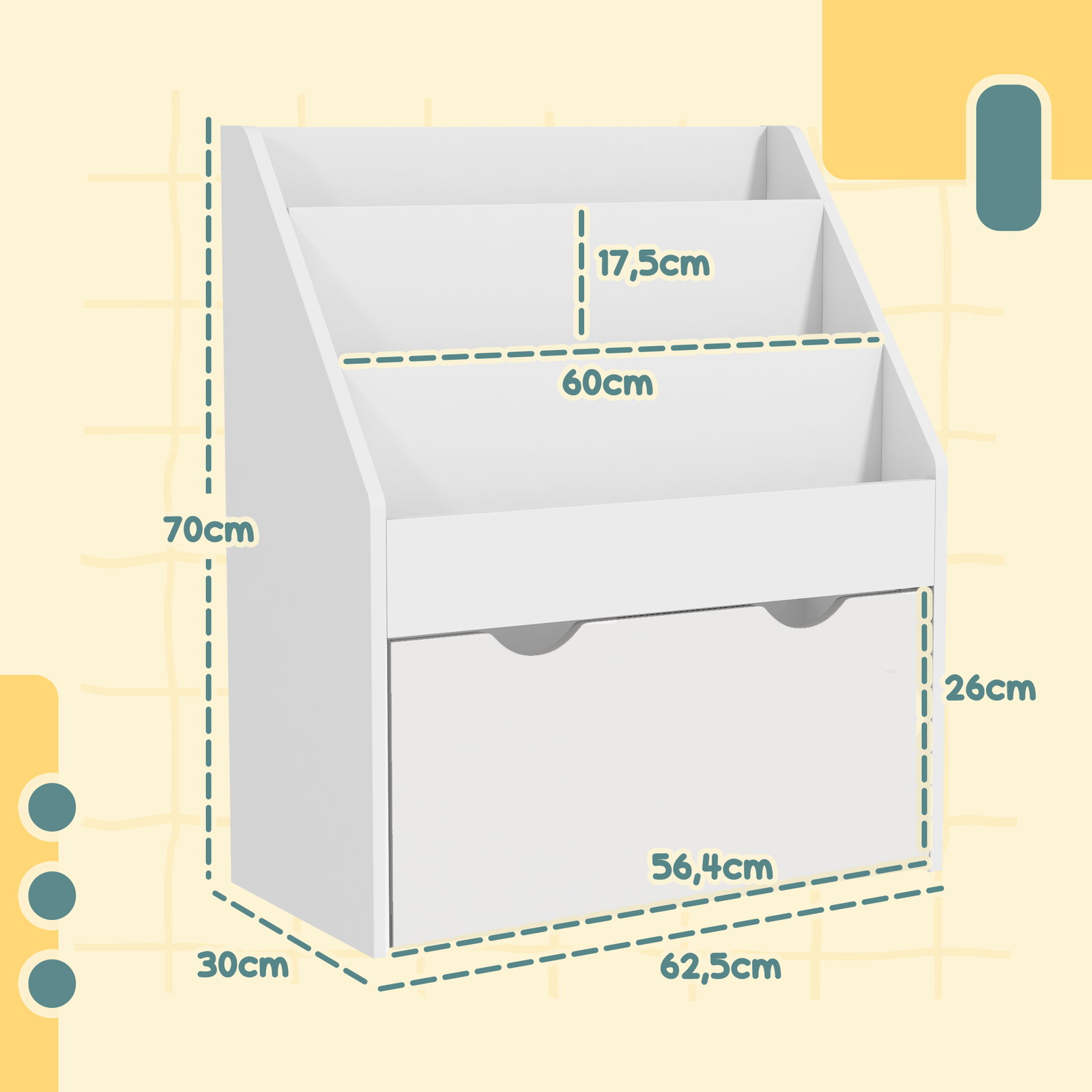Estante de brinquedos com 3 compartimentos gaveta com rodas para quarto sala de jogos 62,5x30x70 cm branco