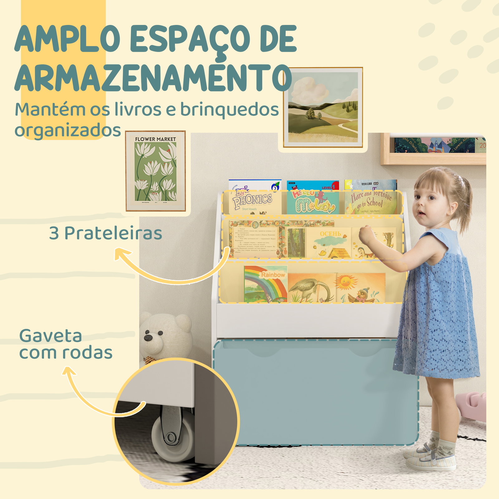 Estante de brinquedos com 3 compartimentos gaveta com rodas para quarto sala de jogos 62,5x30x70 cm branco