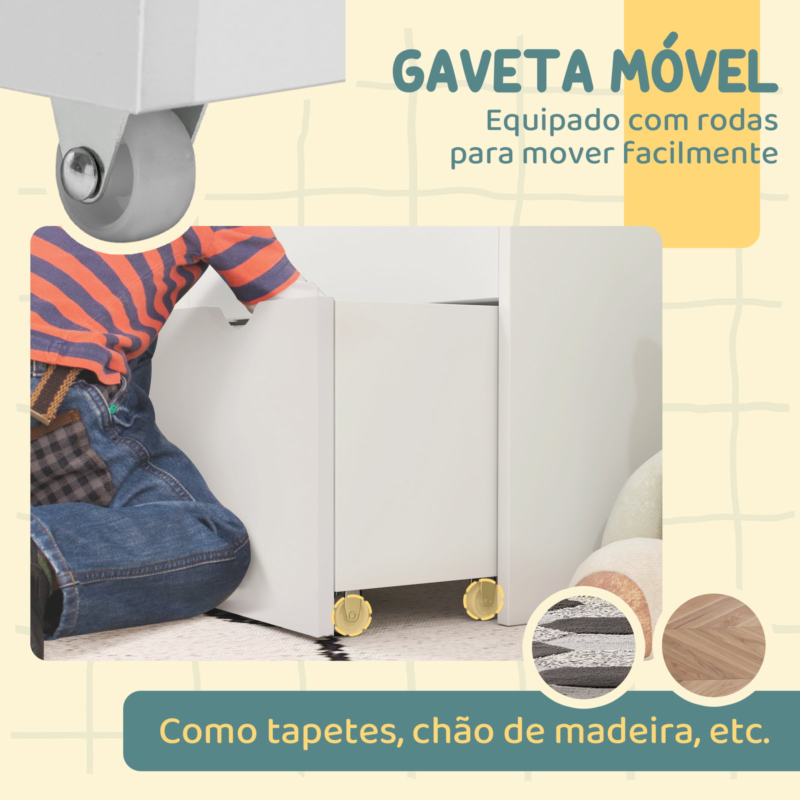 Estante de brinquedos com 3 compartimentos gaveta com rodas para quarto sala de jogos 62,5x30x70 cm branco