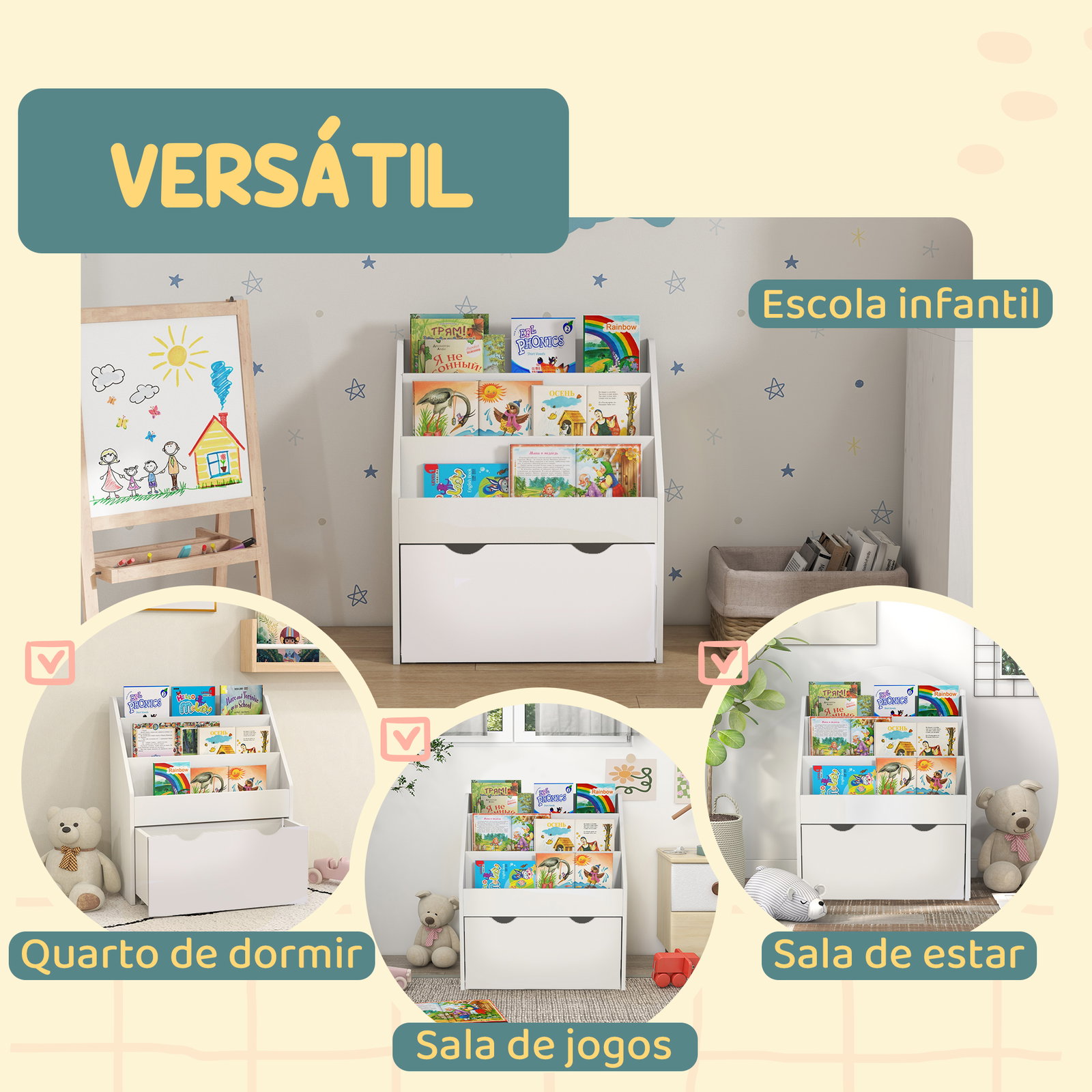 Estante de brinquedos com 3 compartimentos gaveta com rodas para quarto sala de jogos 62,5x30x70 cm branco