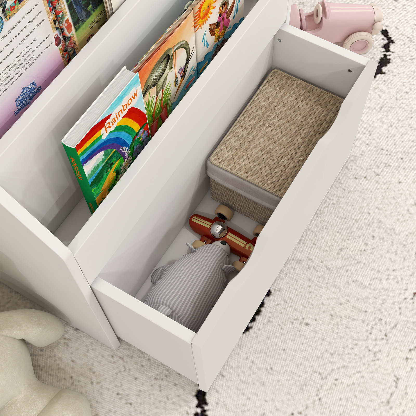 Estante de brinquedos com 3 compartimentos gaveta com rodas para quarto sala de jogos 62,5x30x70 cm branco