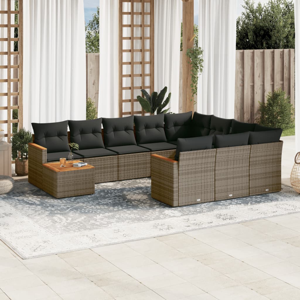 11 Pcs conjunto sofás de jardim c/ almofadões vime PE cinzento