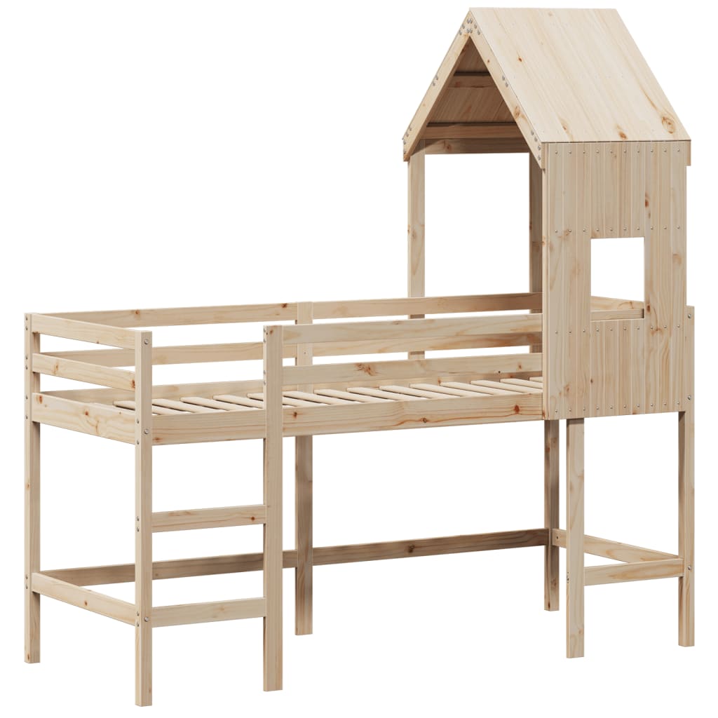 Cama alta c/ escada e telhado 80x200 cm pinho maciço