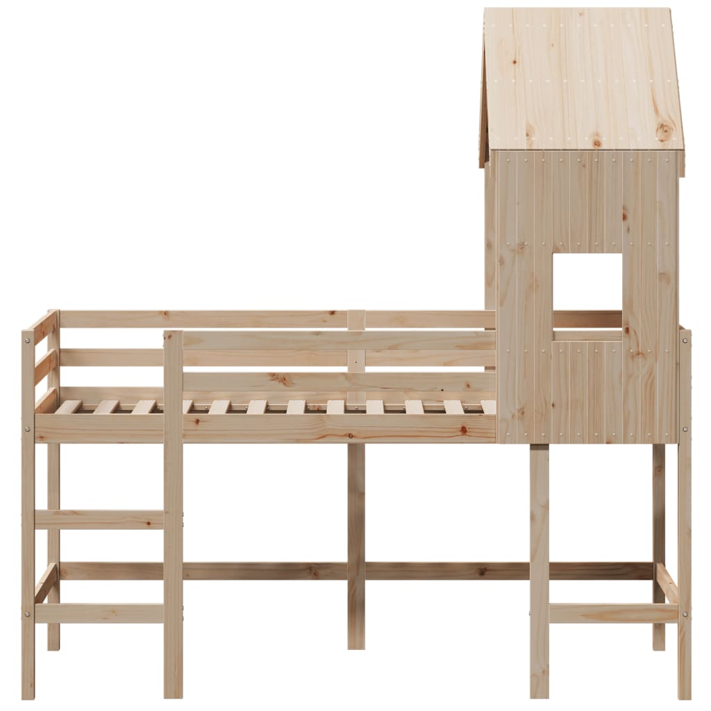 Cama alta c/ escada e telhado 80x200 cm pinho maciço