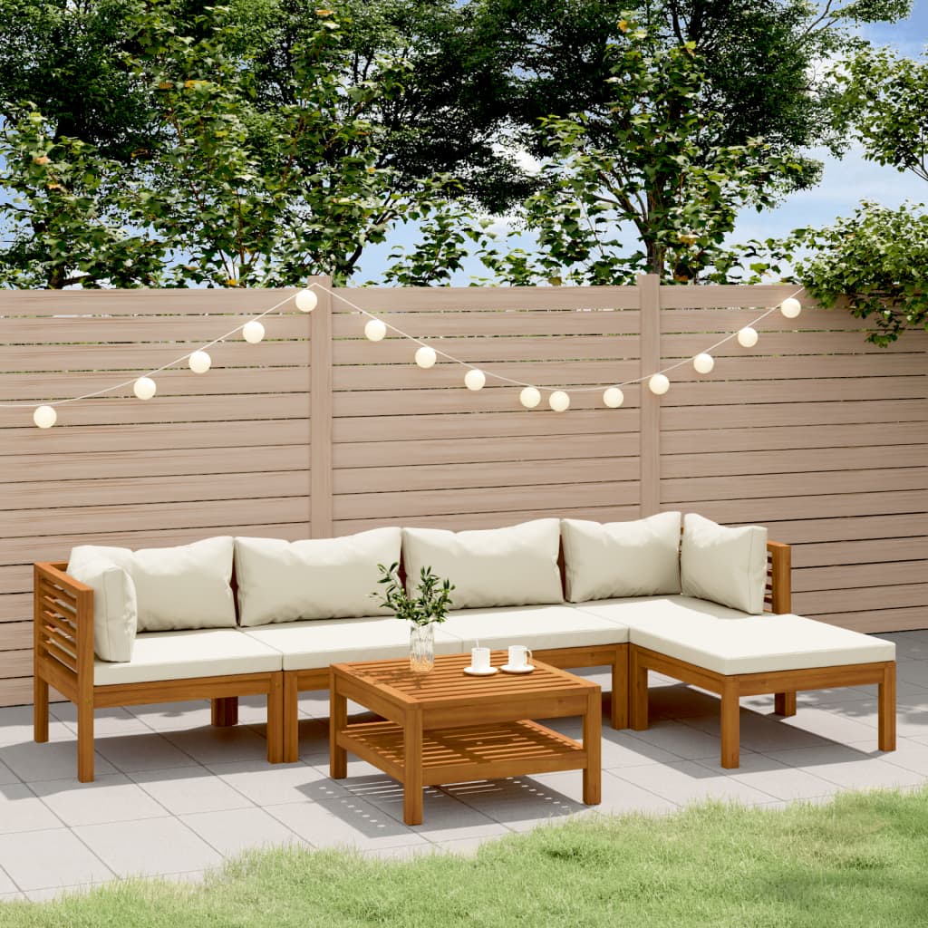 6 Pcs conjunto lounge jardim c/ almofadões creme acácia maciça