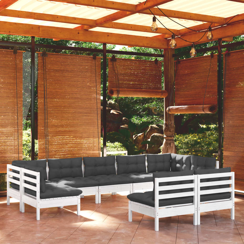 9 Pcs conj. lounge de jardim c/ almofadões pinho maciço branco