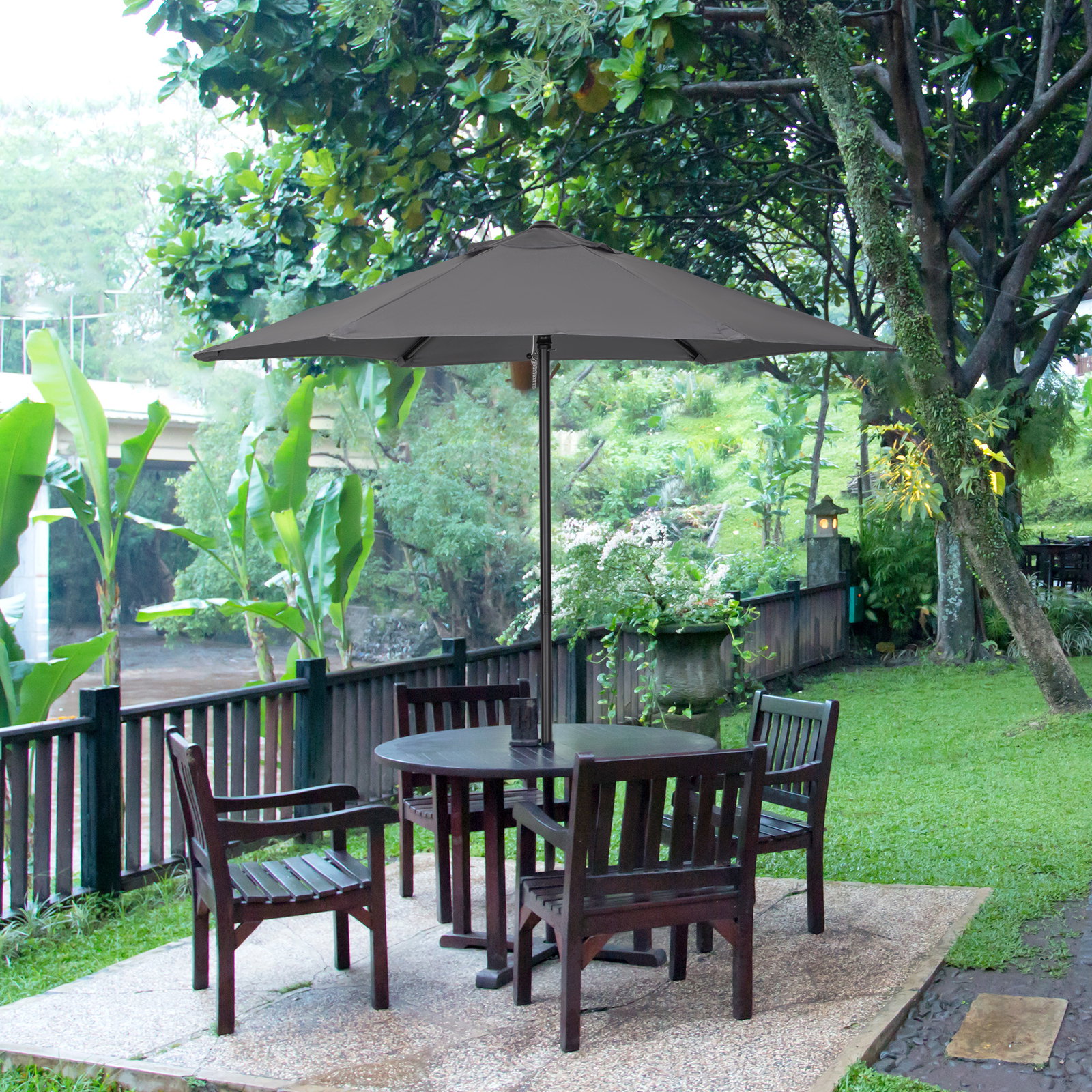 Chapéu de sol para terraço exterior com cobertura ventilada e mastro desmontável de alumínio para jardim e pátio cinzento escuro