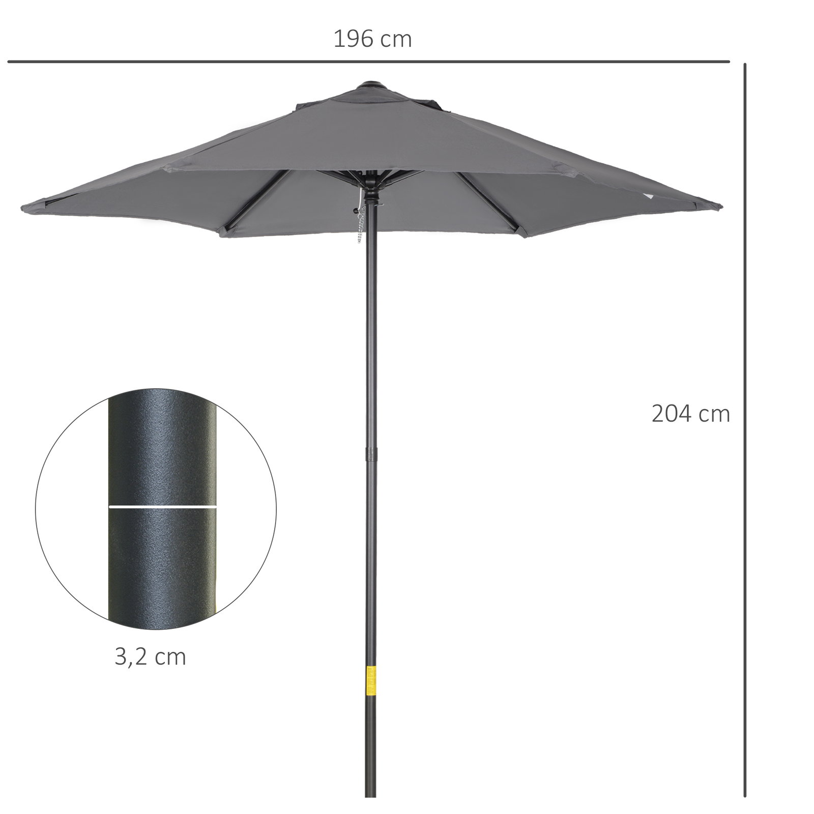 Chapéu de sol para terraço exterior com cobertura ventilada e mastro desmontável de alumínio para jardim e pátio cinzento escuro