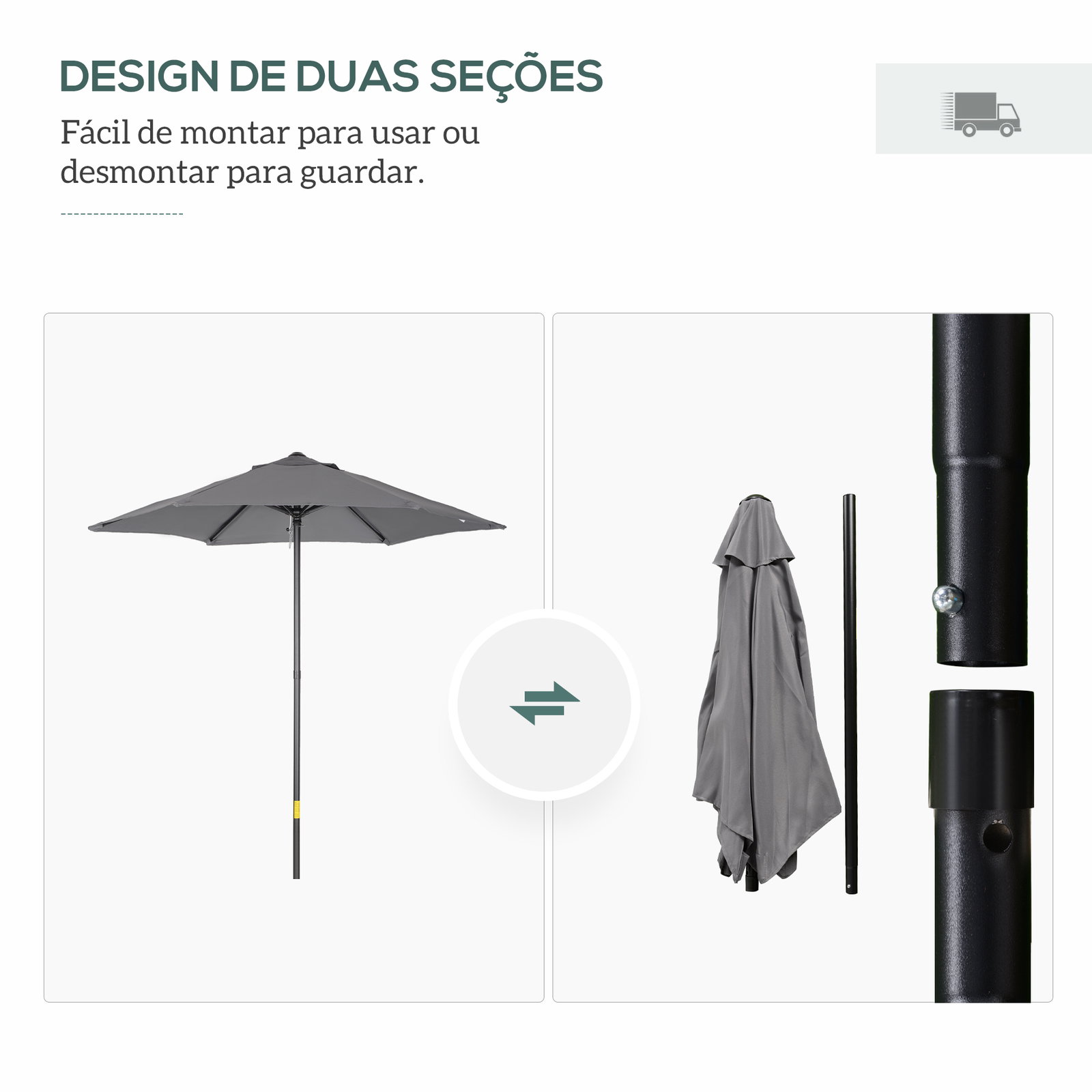 Chapéu de sol para terraço exterior com cobertura ventilada e mastro desmontável de alumínio para jardim e pátio cinzento escuro