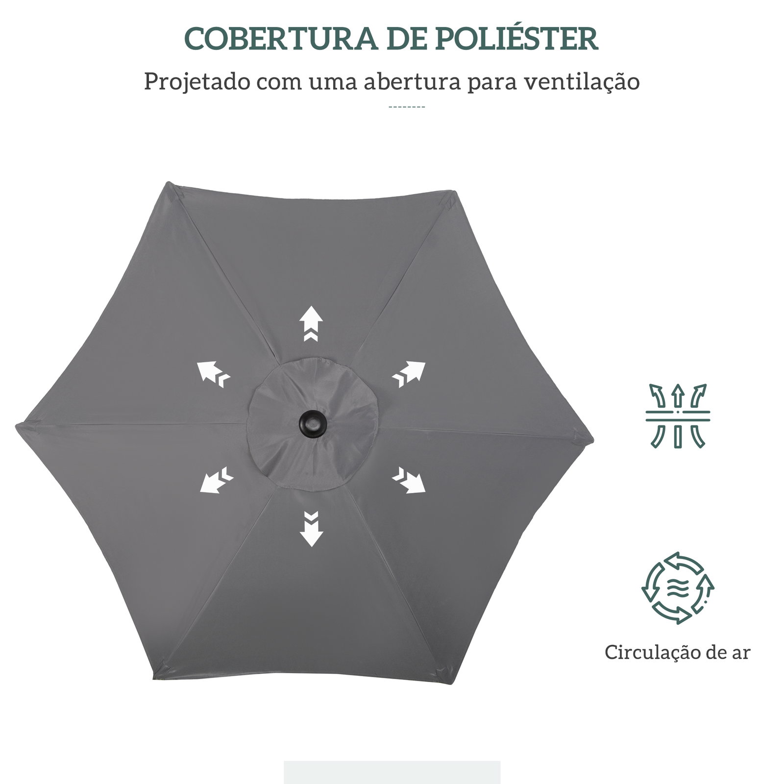 Chapéu de sol para terraço exterior com cobertura ventilada e mastro desmontável de alumínio para jardim e pátio cinzento escuro