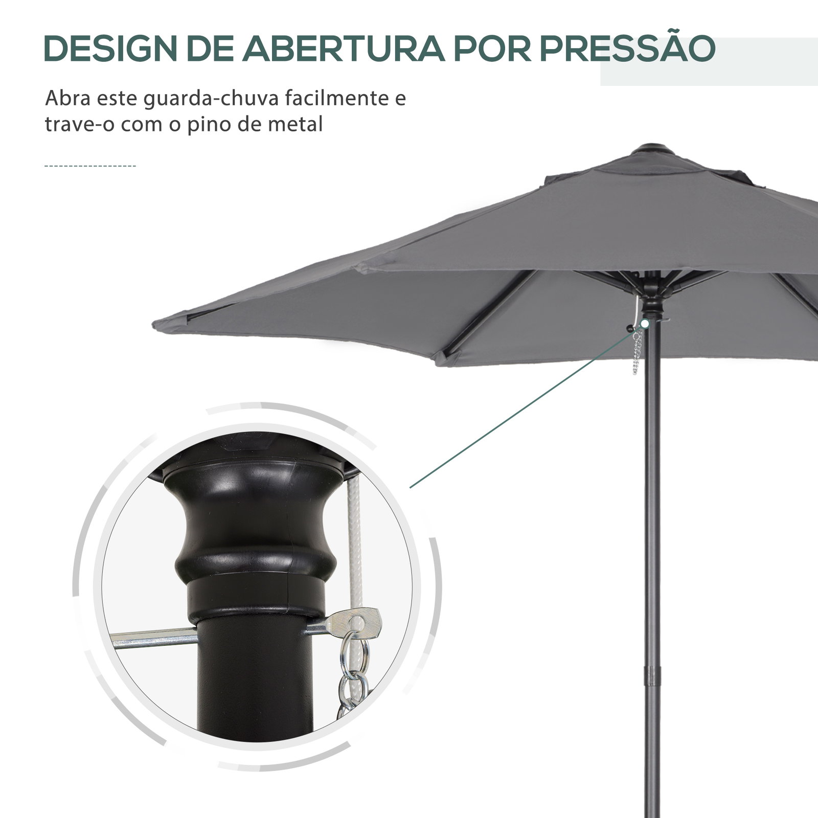 Chapéu de sol para terraço exterior com cobertura ventilada e mastro desmontável de alumínio para jardim e pátio cinzento escuro