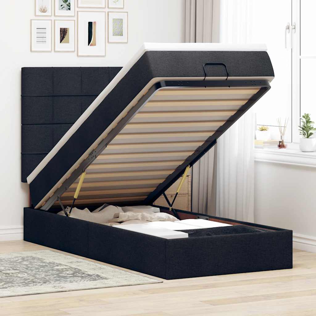 Estrutura de cama otomana com colchão preto tecido