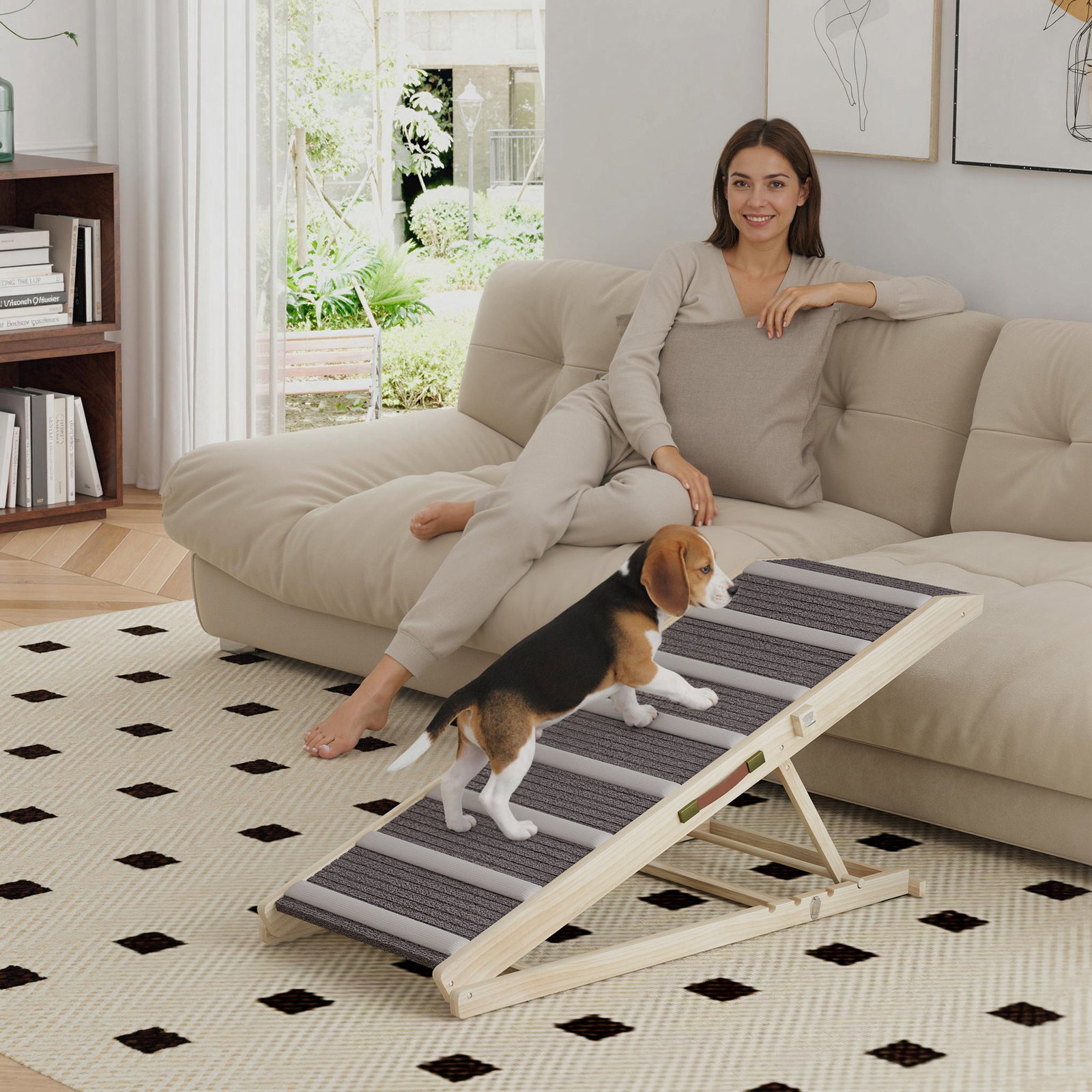 Rampa para cães dobrável com altura ajustável 41-60 cm e tapete antiderrapante 120x50x60 cm madeira e cinza