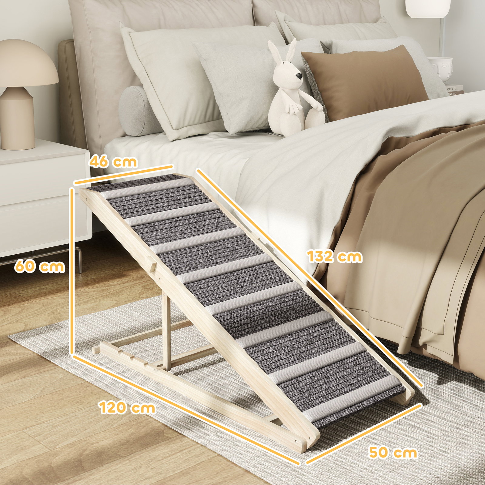Rampa para cães dobrável com altura ajustável 41-60 cm e tapete antiderrapante 120x50x60 cm madeira e cinza