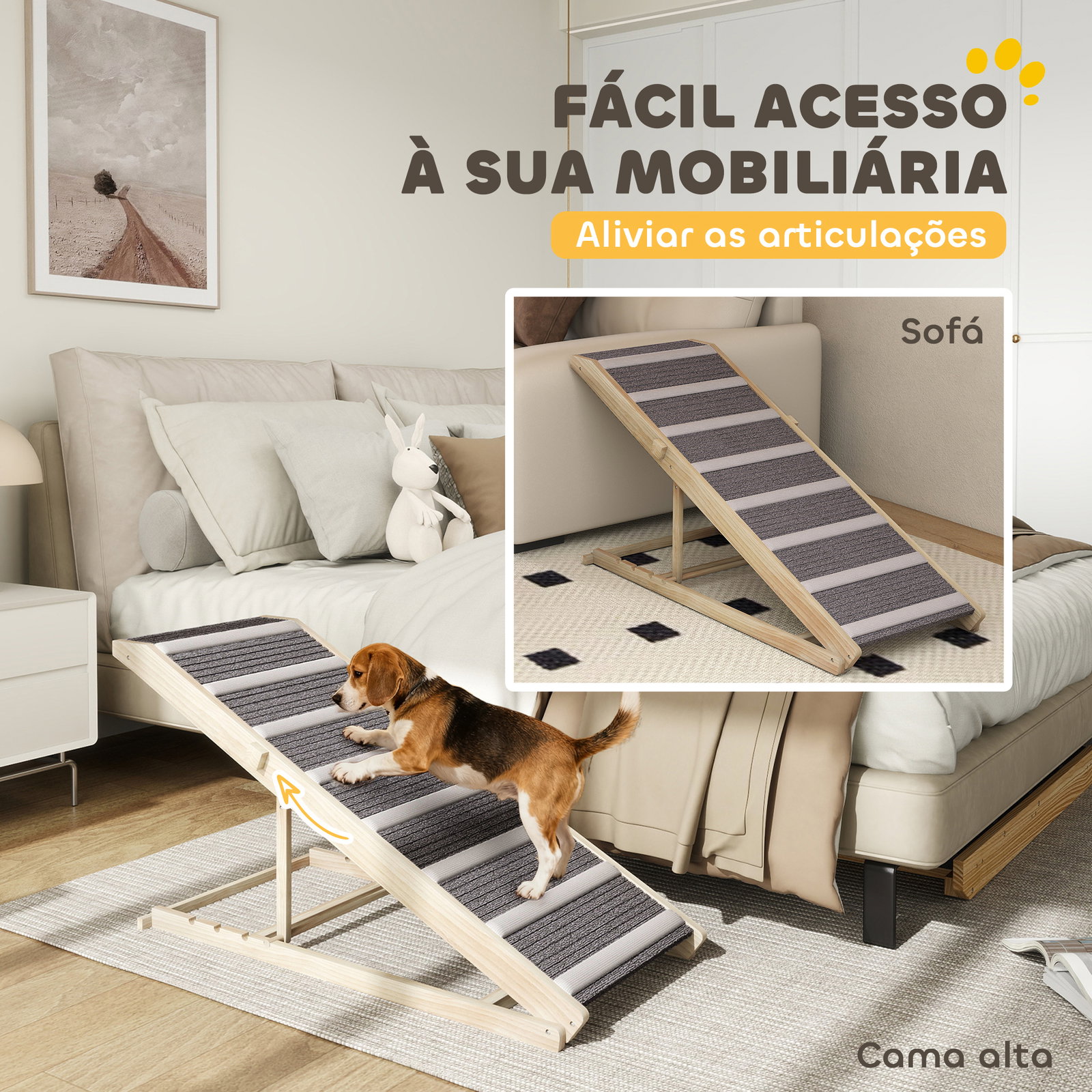 Rampa para cães dobrável com altura ajustável 41-60 cm e tapete antiderrapante 120x50x60 cm madeira e cinza