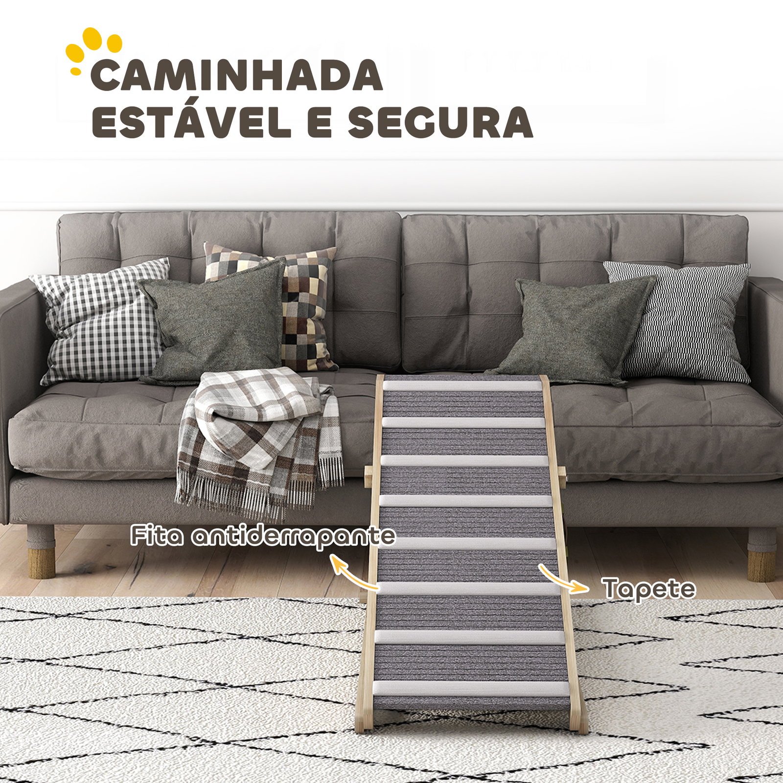 Rampa para cães dobrável com altura ajustável 41-60 cm e tapete antiderrapante 120x50x60 cm madeira e cinza