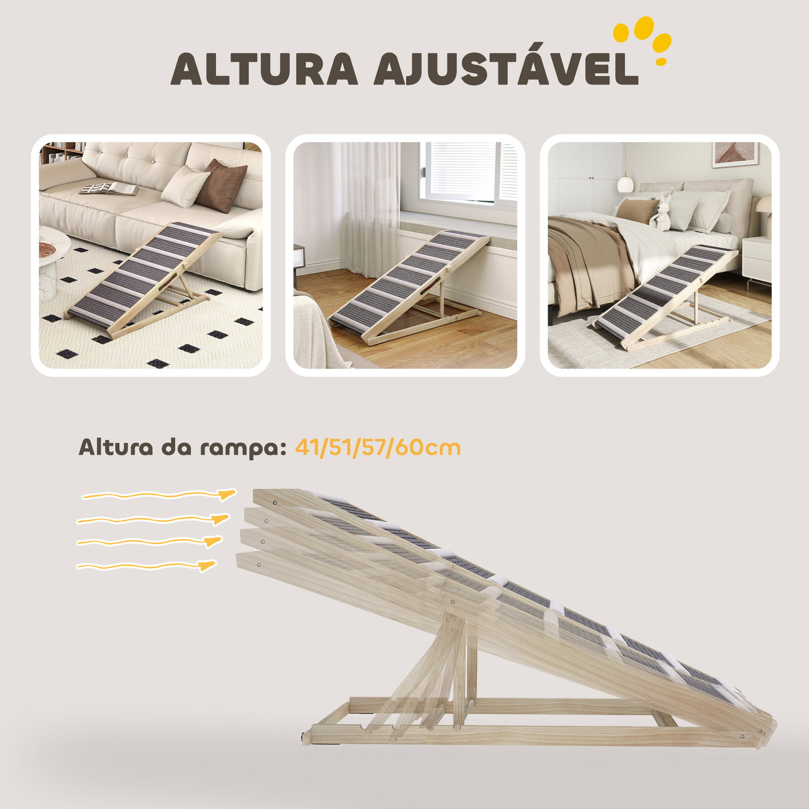 Rampa para cães dobrável com altura ajustável 41-60 cm e tapete antiderrapante 120x50x60 cm madeira e cinza