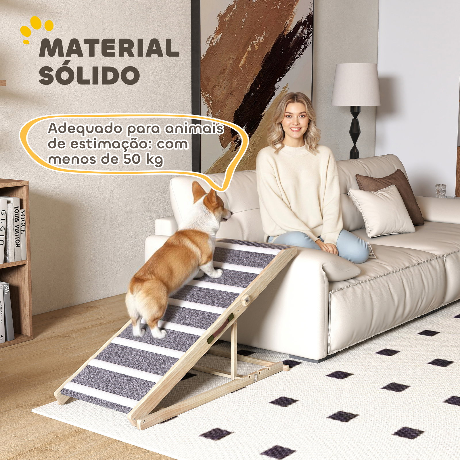 Rampa para cães dobrável com altura ajustável 41-60 cm e tapete antiderrapante 120x50x60 cm madeira e cinza