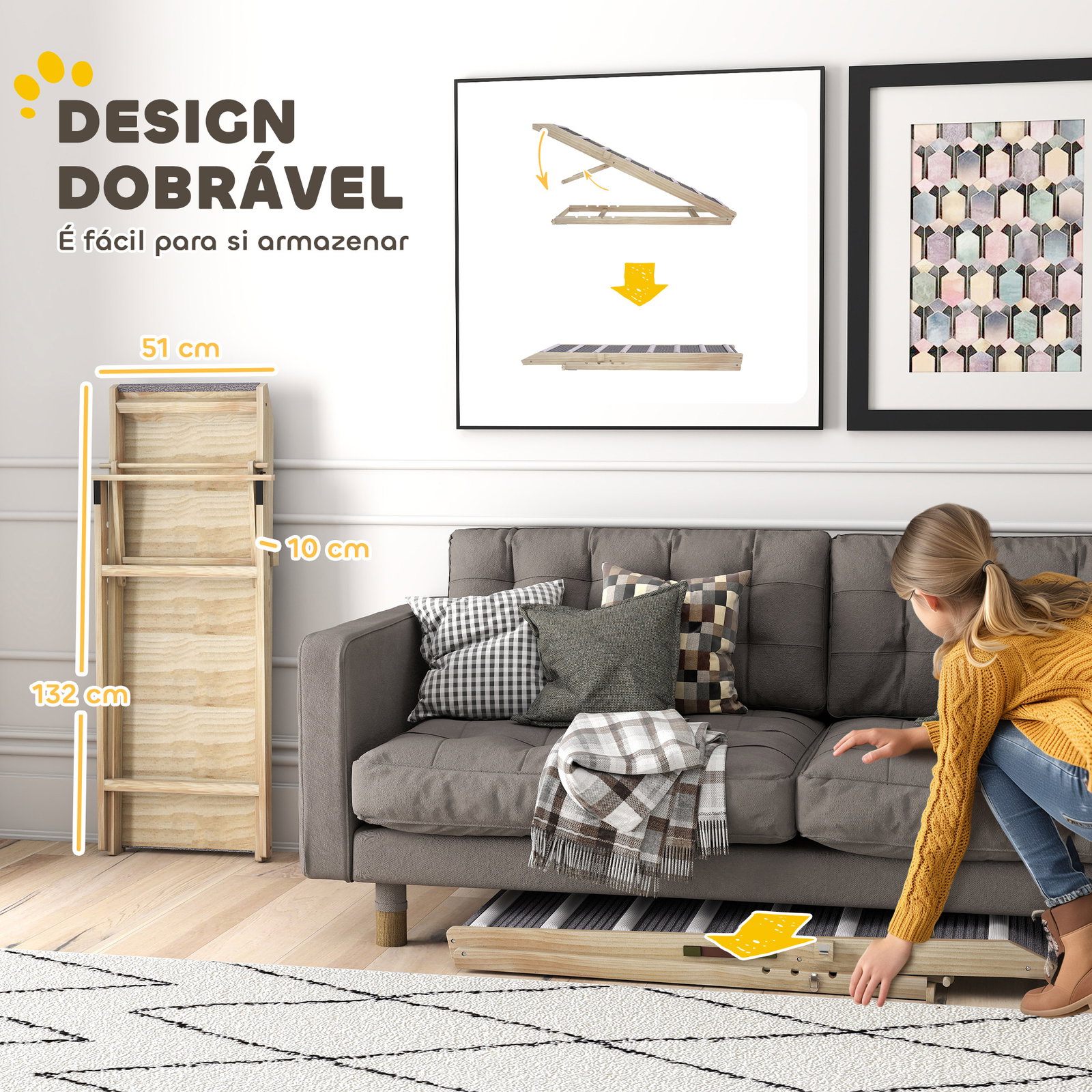 Rampa para cães dobrável com altura ajustável 41-60 cm e tapete antiderrapante 120x50x60 cm madeira e cinza