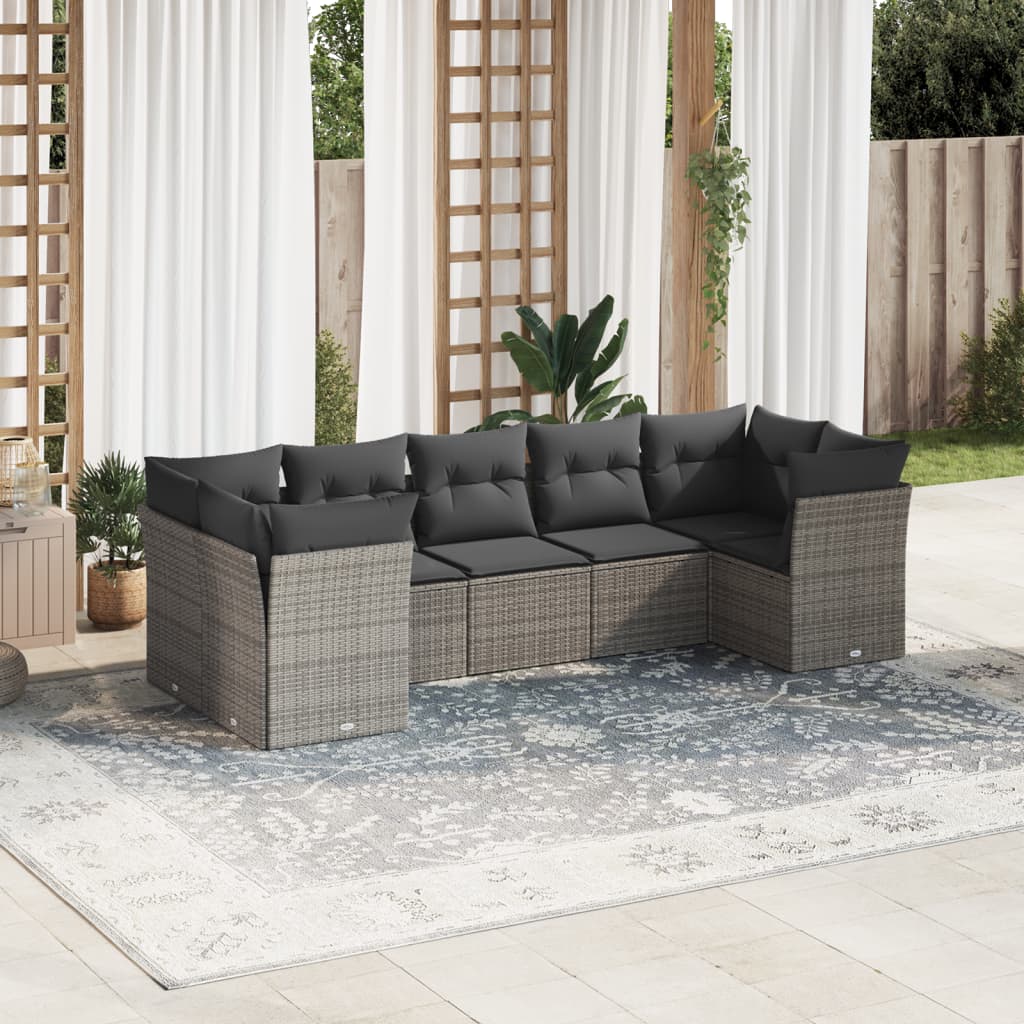 7 Pcs conjunto sofás p/ jardim c/ almofadões vime PE cinzento