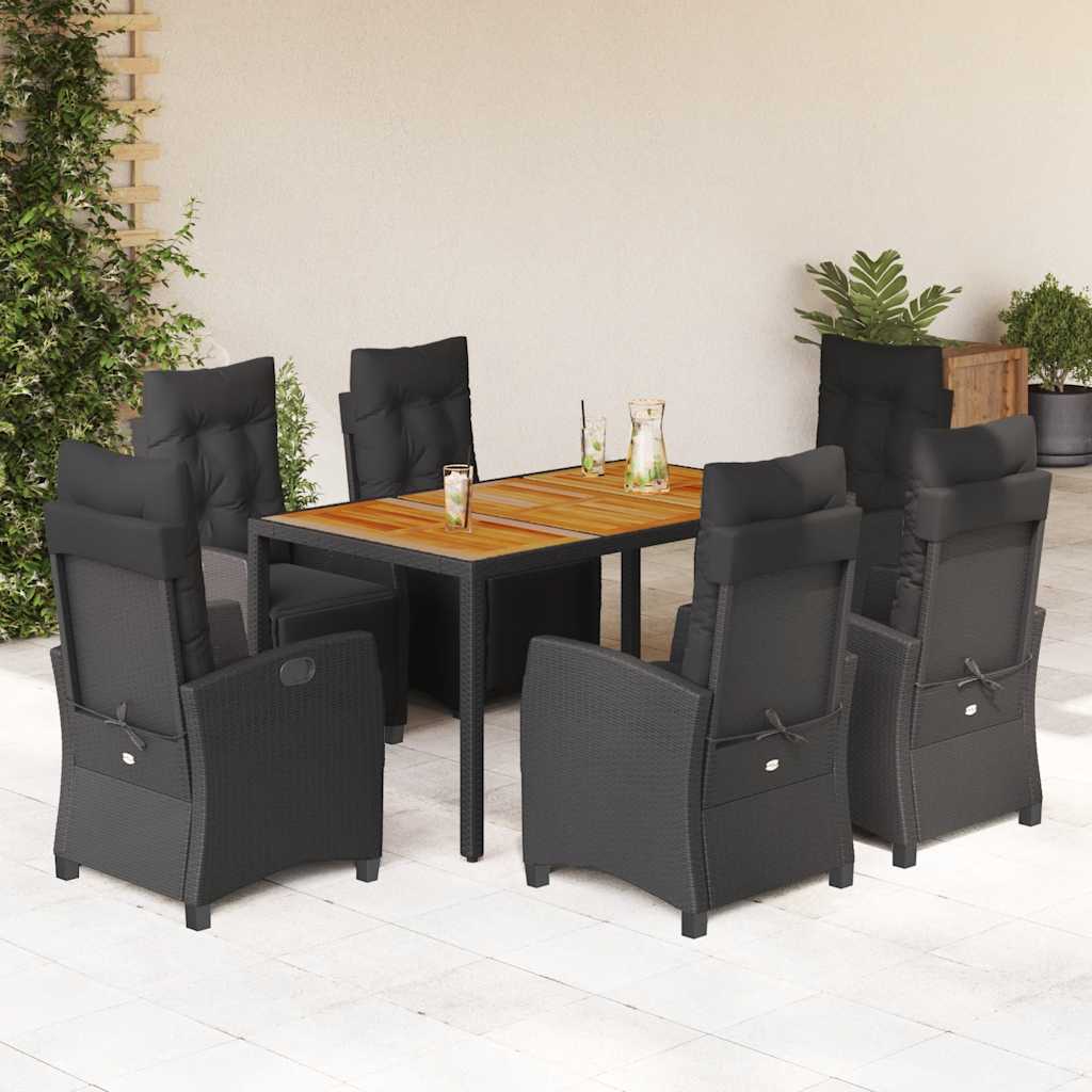 7 Pcs conjunto de jantar p/ jardim c/ almofadões vime PE preto