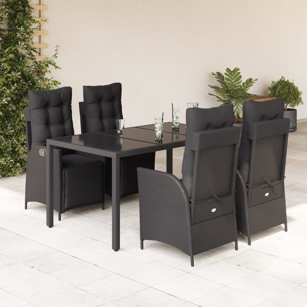 5 Pcs conjunto de jantar p/ jardim c/ almofadões vime PE preto