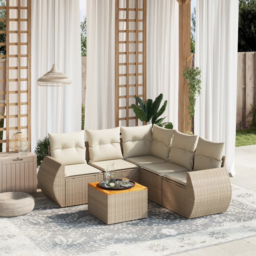 6 Pcs conjunto de sofás p/ jardim com almofadões vime PE bege