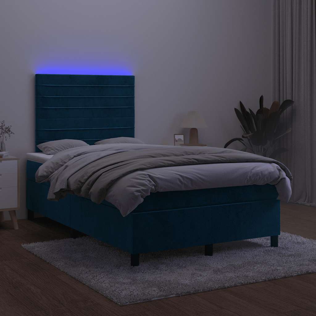 Cama box spring c/ colchão/LED 120x200 cm veludo azul-escuro