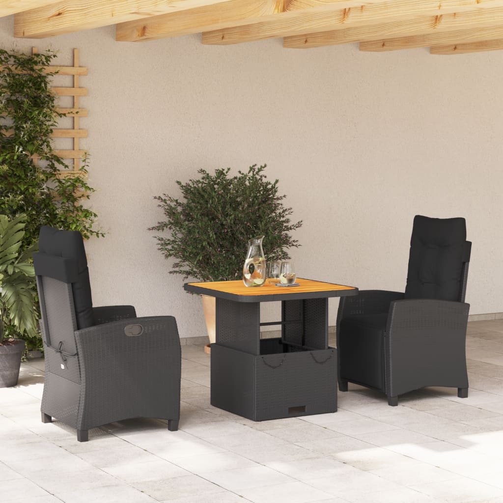 3 Pcs conjunto de jantar p/ jardim c/ almofadões vime PE preto