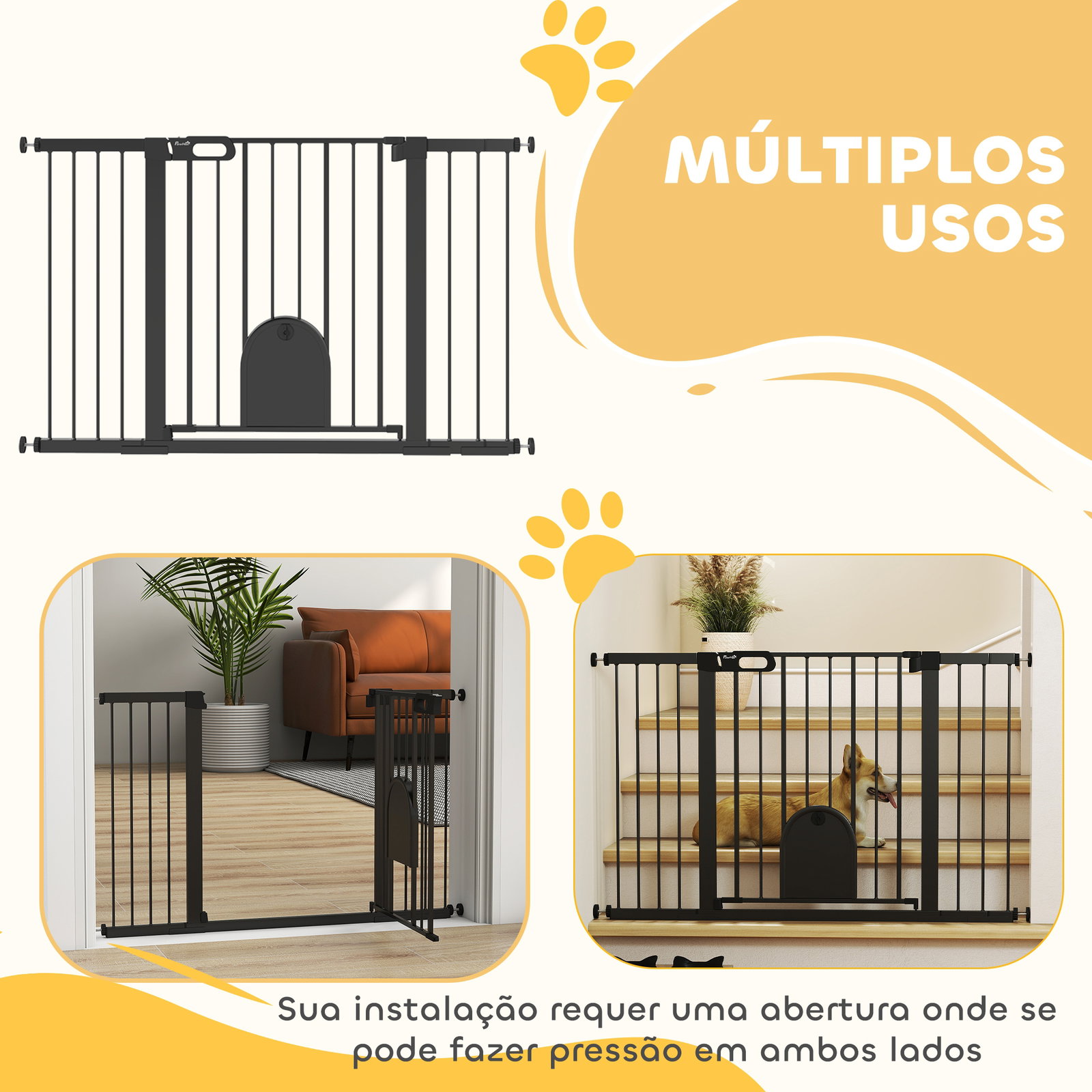 Barreira de segurança de animais de estimação para escadas e portas com aberturas de 75-131 cm com 3 extensões preto