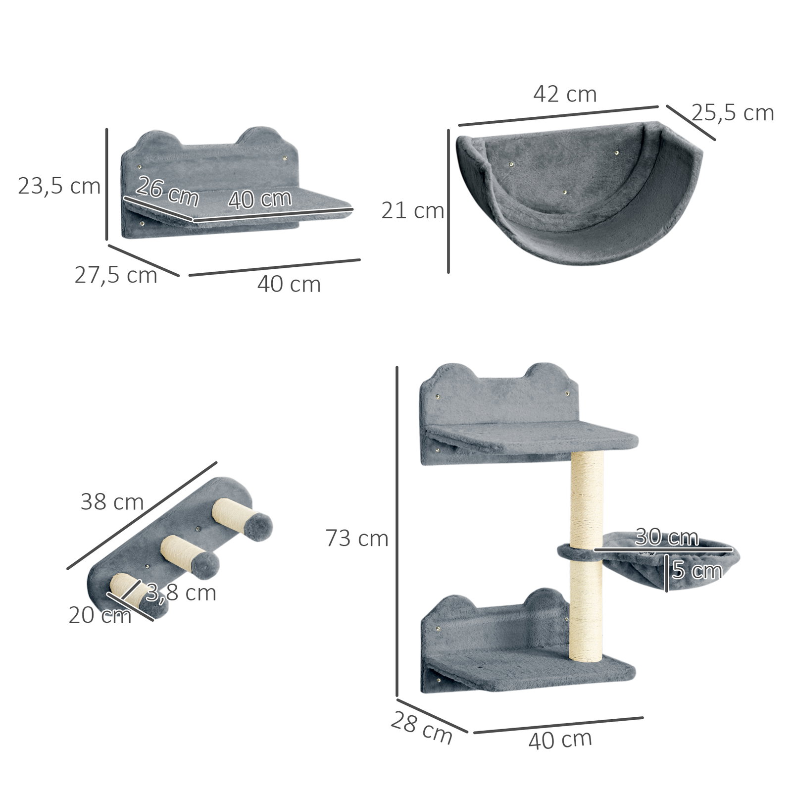 Prateleiras de parede para gatos 4 peças com rede plataforma semicircular plataformas de salto e poste de sisal cinza