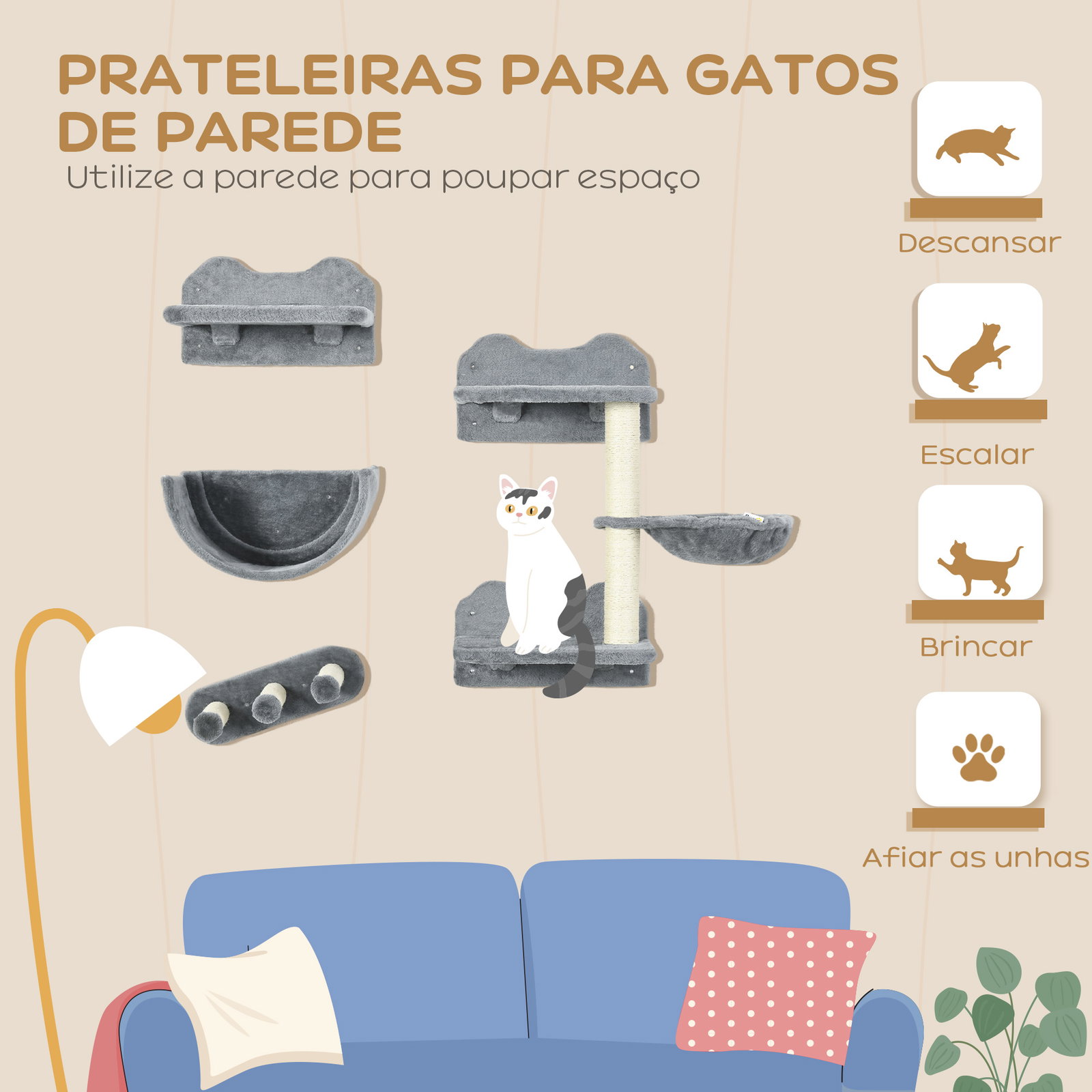 Prateleiras de parede para gatos 4 peças com rede plataforma semicircular plataformas de salto e poste de sisal cinza