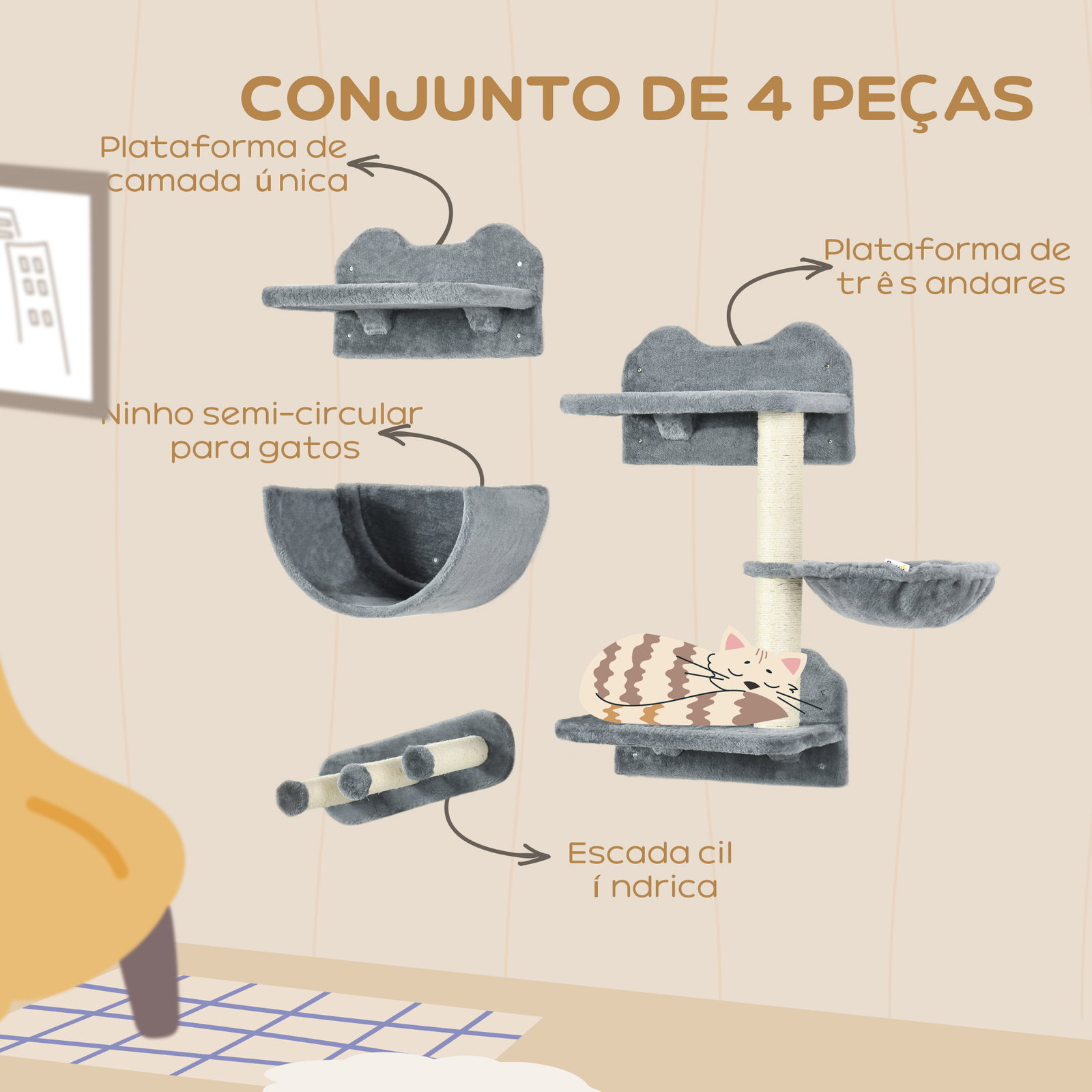 Prateleiras de parede para gatos 4 peças com rede plataforma semicircular plataformas de salto e poste de sisal cinza