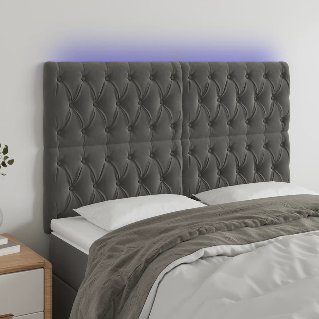 Cabeceira de cama c/ LED veludo 144x7x118/128 cm cinza-escuro