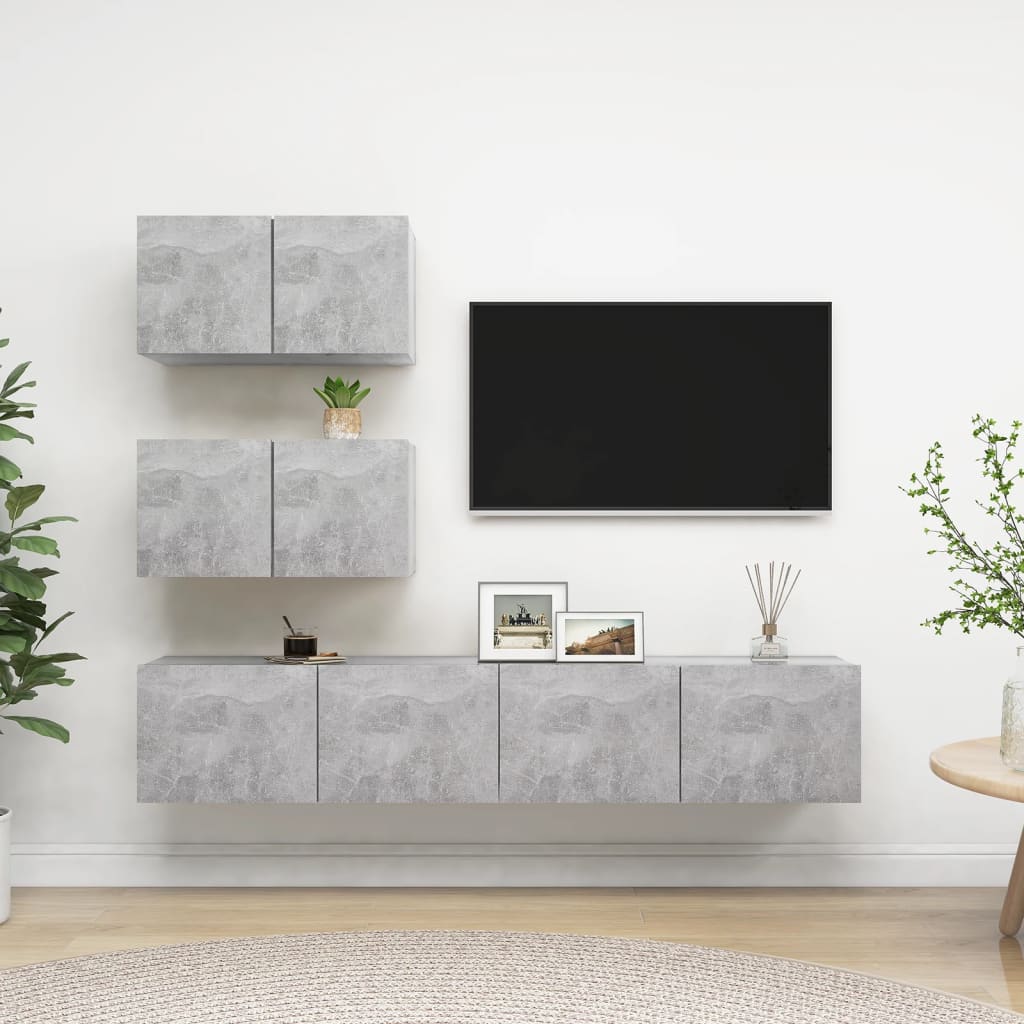 4 Pcs conjunto de móveis de TV derivados madeira cinza cimento