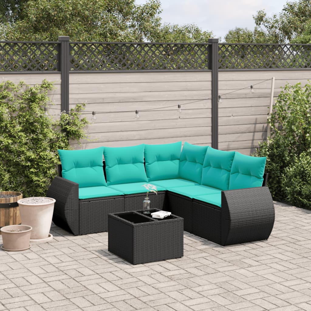 Conjunto de sofá de jardim com 6 peças e almofadas em rattan sintético preto