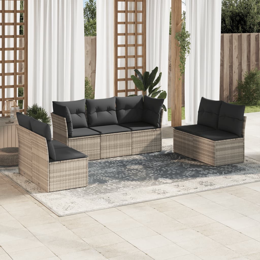 7 Pcs conj. sofás jardim com almofadões vime PE cinzento-claro