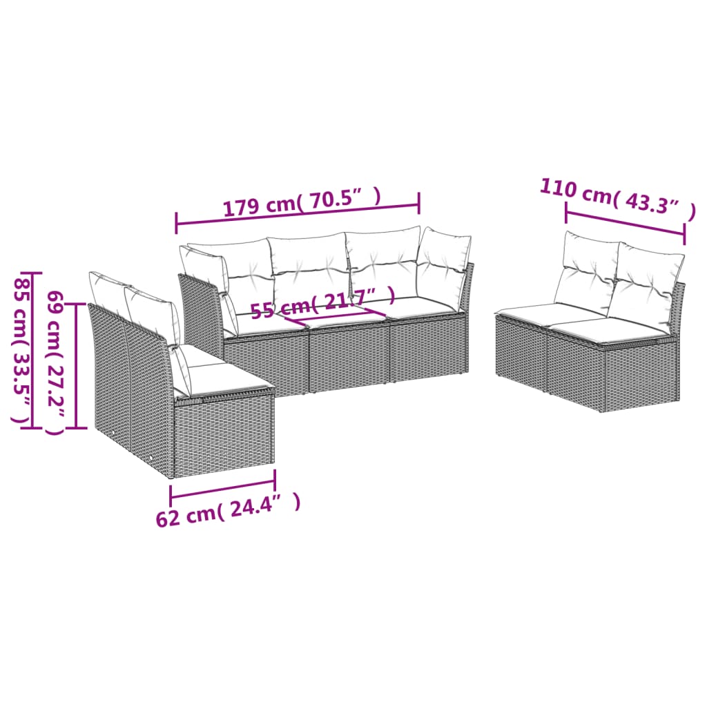7 Pcs conj. sofás jardim com almofadões vime PE cinzento-claro