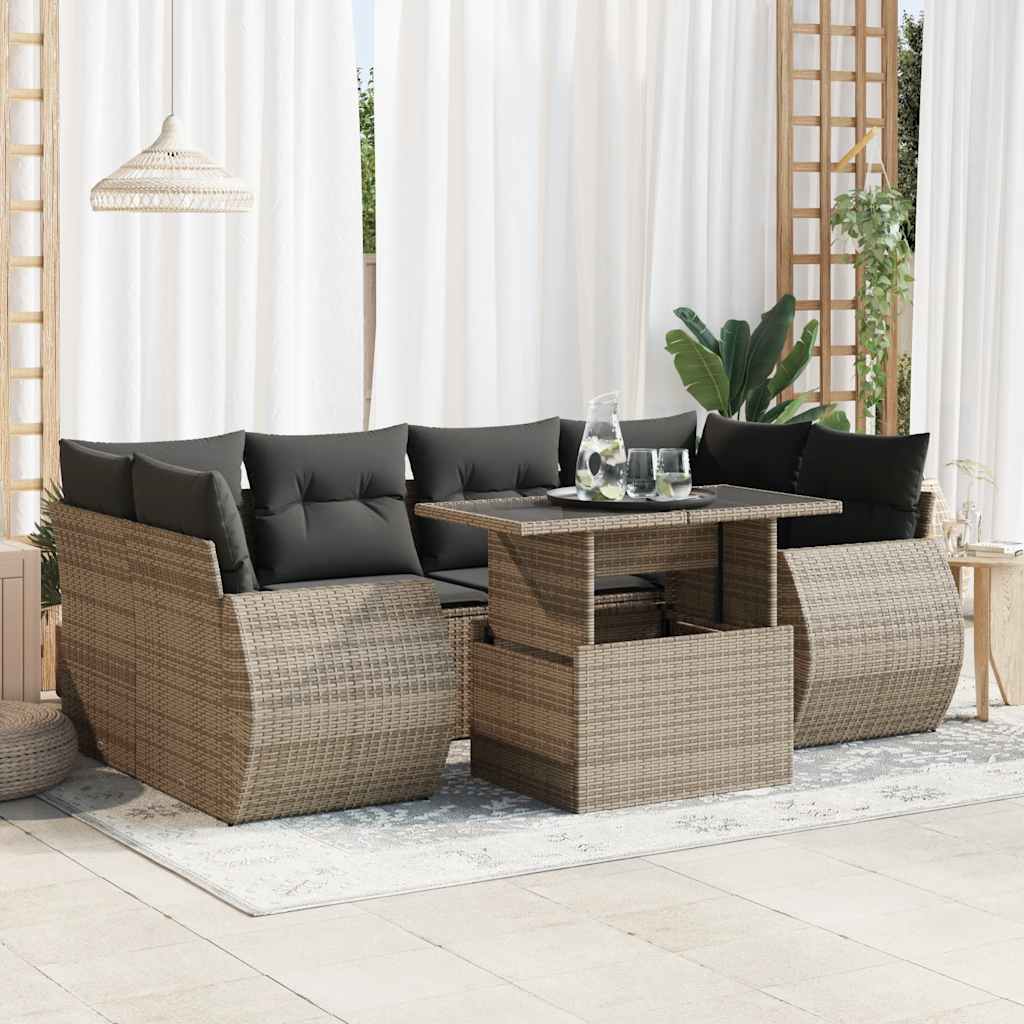 7 Pcs conjunto sofás p/ jardim c/ almofadões vime PE cinzento