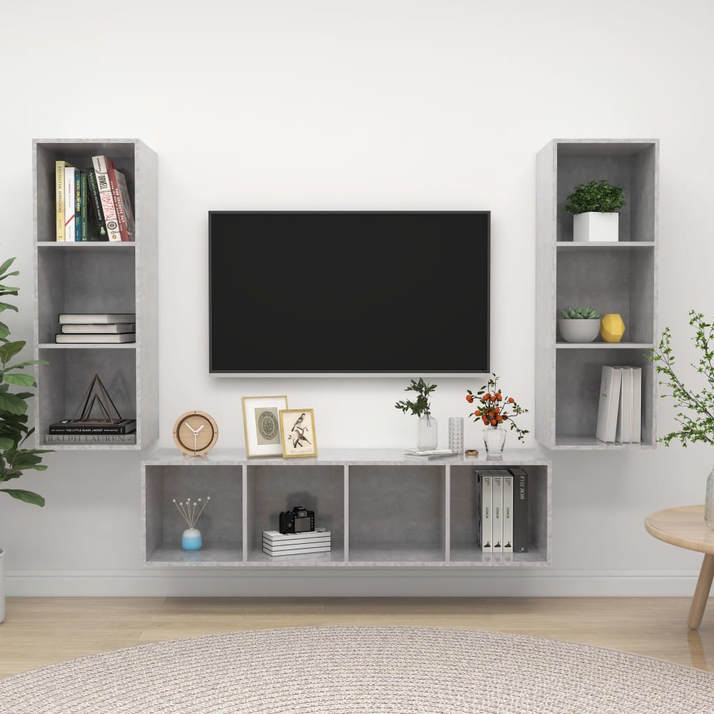 3 Pcs conjunto de móveis de TV contraplacado cinzento cimento