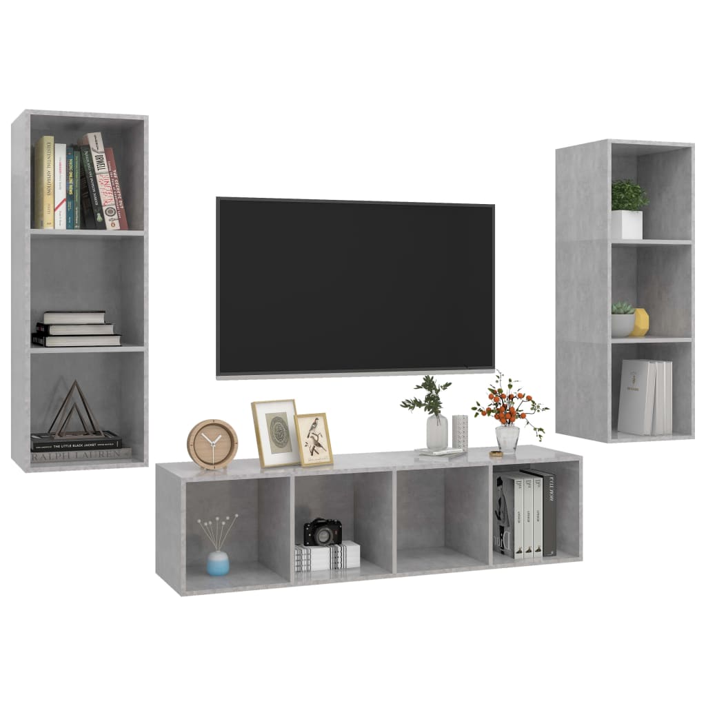 3 Pcs conjunto de móveis de TV contraplacado cinzento cimento