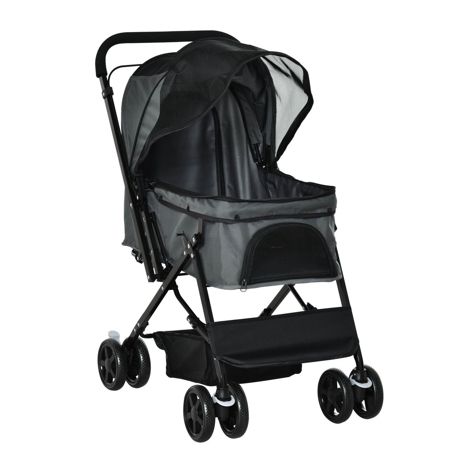 Carrinho para animais de estimação dobrável carro para cães e gatos com capô ajustável cesta de armazenamento cinto de segurança tecido oxford 600d aço 76,5x52x95cm cinza
