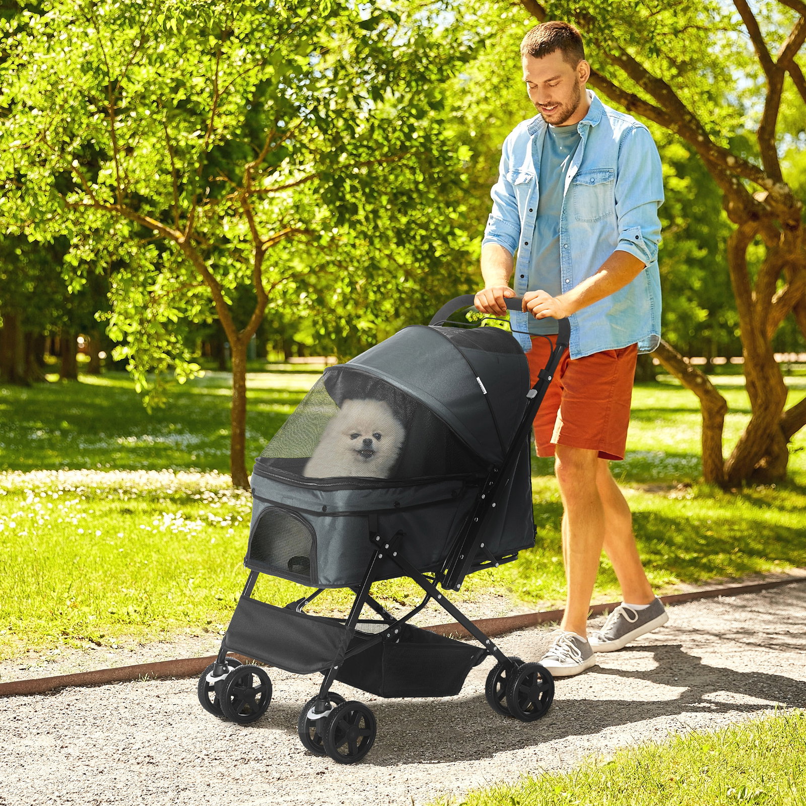 Carrinho para animais de estimação dobrável carro para cães e gatos com capô ajustável cesta de armazenamento cinto de segurança tecido oxford 600d aço 76,5x52x95cm cinza