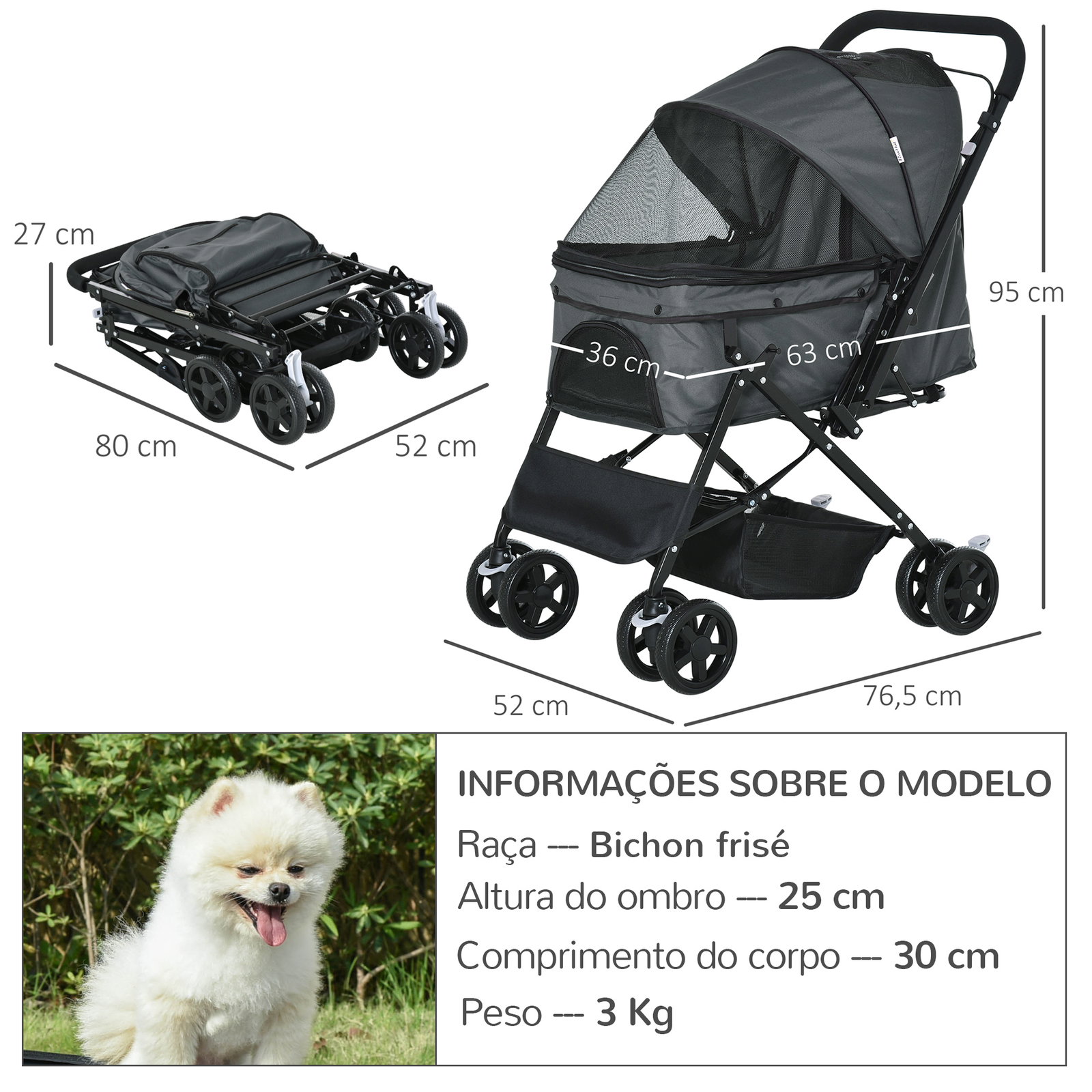 Carrinho para animais de estimação dobrável carro para cães e gatos com capô ajustável cesta de armazenamento cinto de segurança tecido oxford 600d aço 76,5x52x95cm cinza