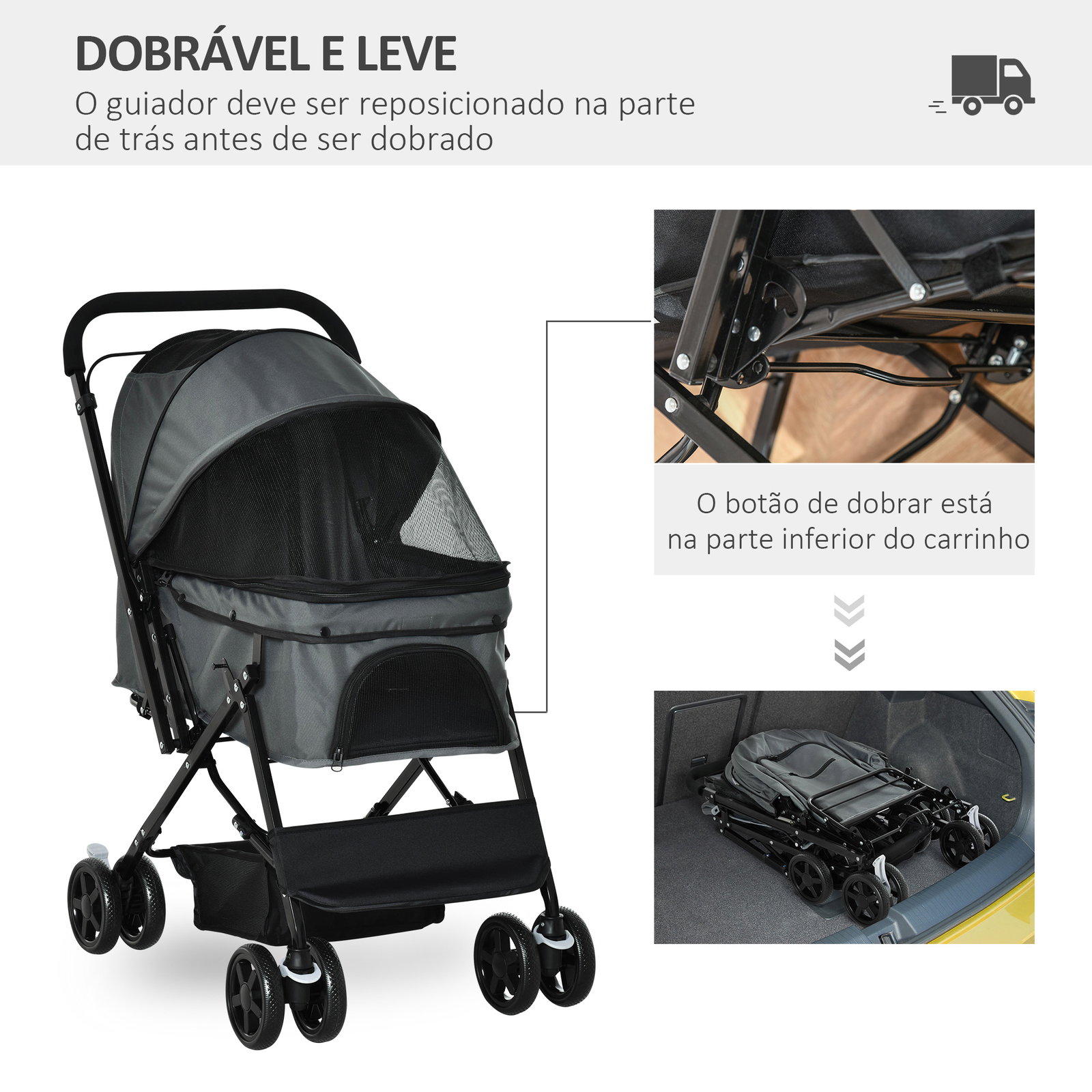 Carrinho para animais de estimação dobrável carro para cães e gatos com capô ajustável cesta de armazenamento cinto de segurança tecido oxford 600d aço 76,5x52x95cm cinza